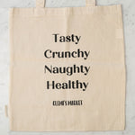 borsa di tela beige con scritte tasty crunchy naughty healthy clemi's market 